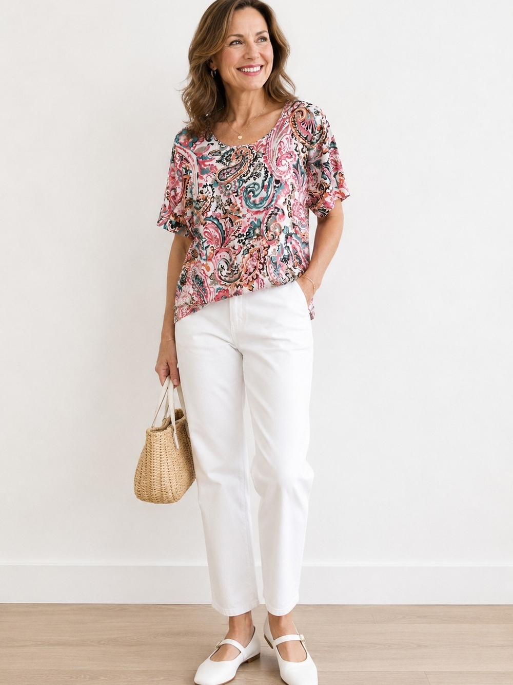 Rebecca Malone Pink Paisley Short Sleeve Tee with Teal & Coral Accents - Picture 2 of 12